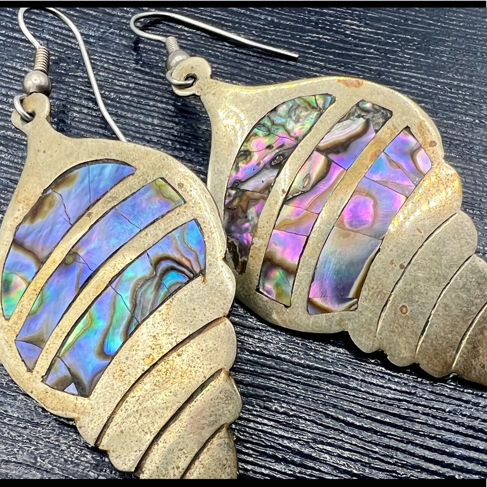 Vintage silver ALPACA MEXICO abalone shell earrings dangles - Picture 7 of 10